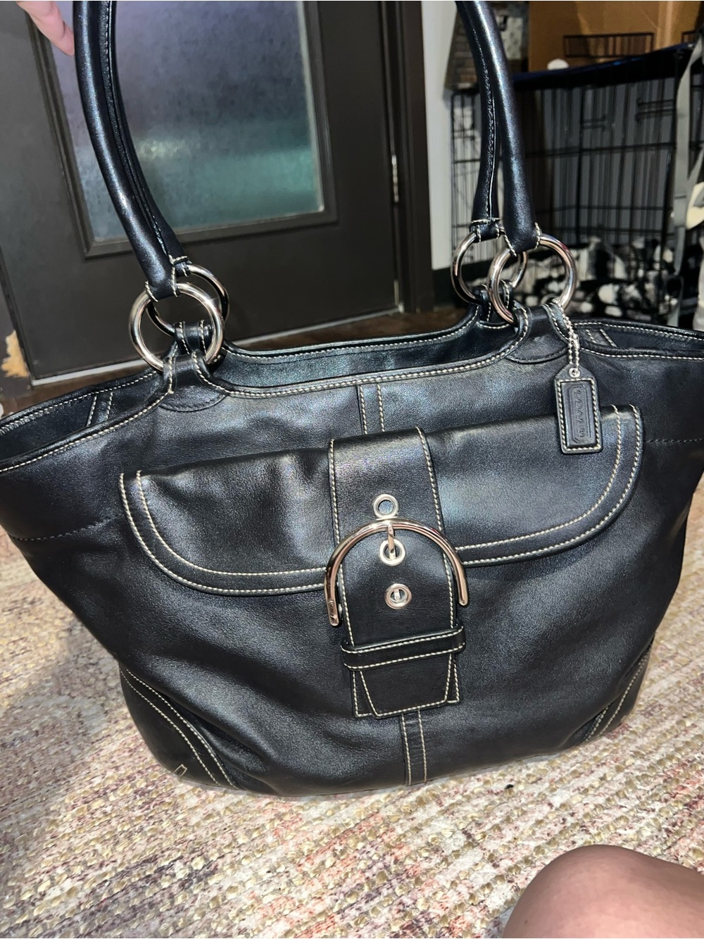 COACH Soho 5770 XL Carryall Black Leather Contrast Trim Silver-Tone Hardware